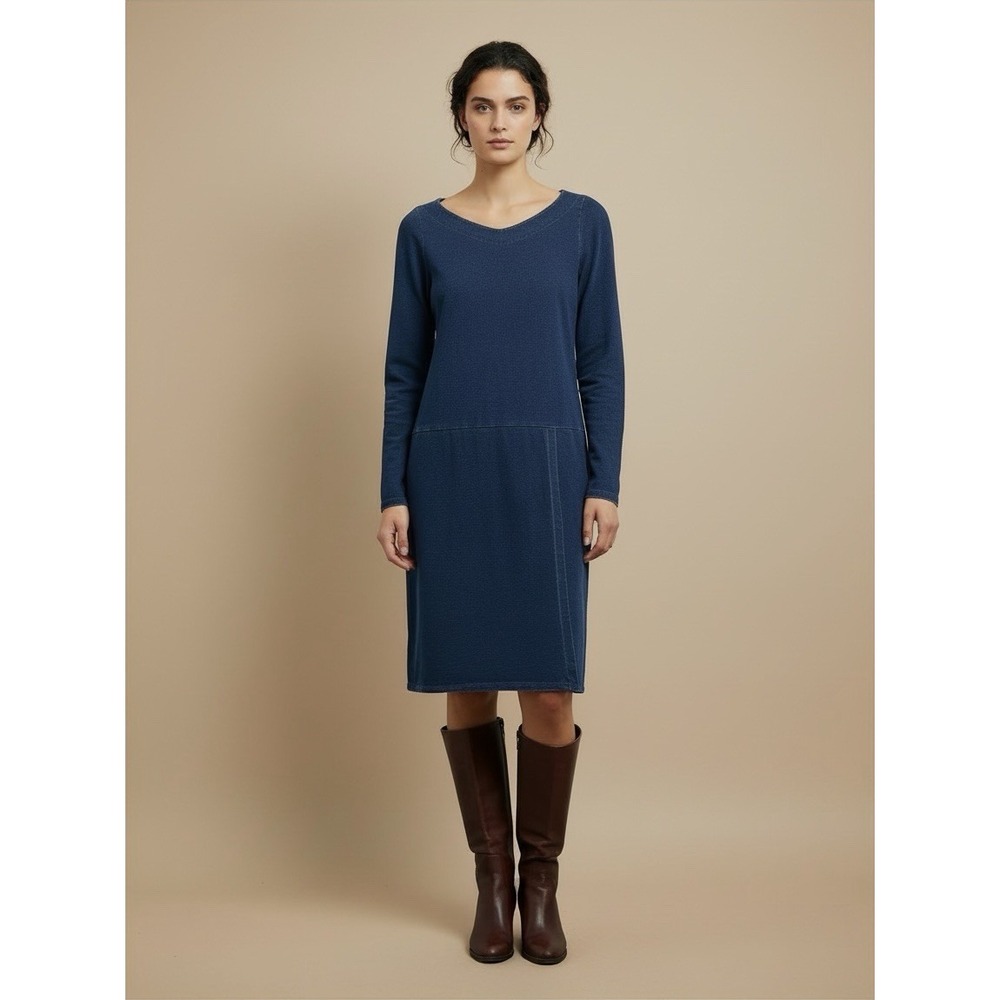 J Jill Pure Jill Indigo Knit Faux Wrap Dress Long Sleeve Medium Tall Minimalist